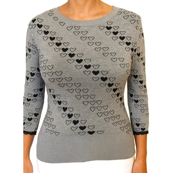 Vintage Y2K Grey Heart Sweater 3/4 Sleeve Cute Romantic Fall Crew Neck Sz S - Picture 1 of 9